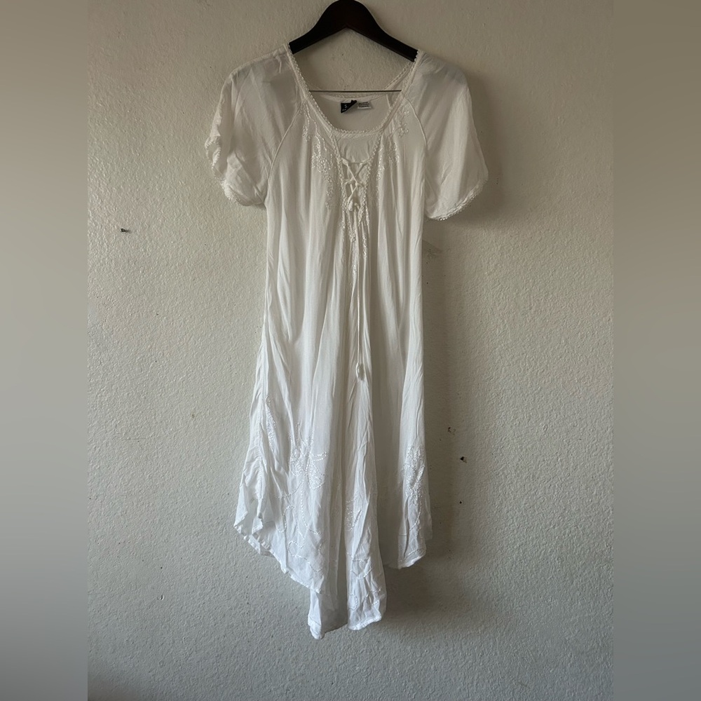 SR Fashion Rayon‎ White Embroidered Midi Dress Free Size Lagenlook Coastal